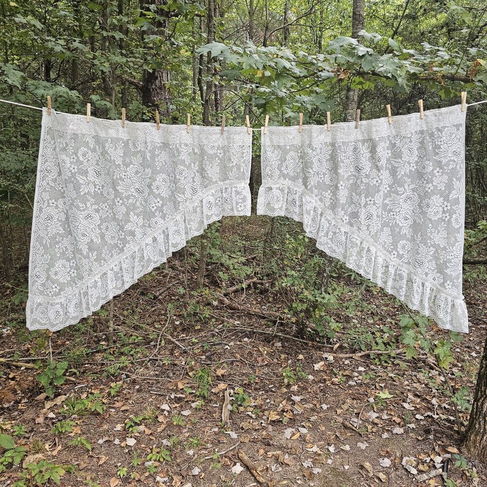 Vintage Light Gray Floral Lace Swag Curtains with Rose Pattern & Ruffle Trim